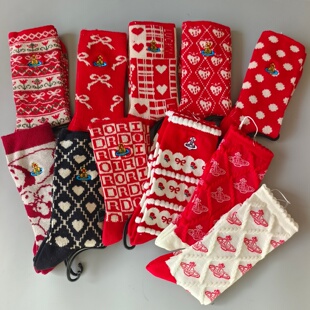 土星刺绣女士新年大红色本命年袜子黑色爱心格子双针百搭袜子 日式