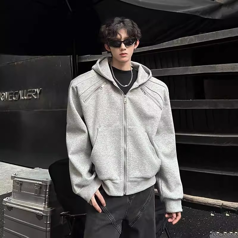 小众立体解构廊形连帽夹克外套男秋冬高级设计感金属开衫卫衣短款