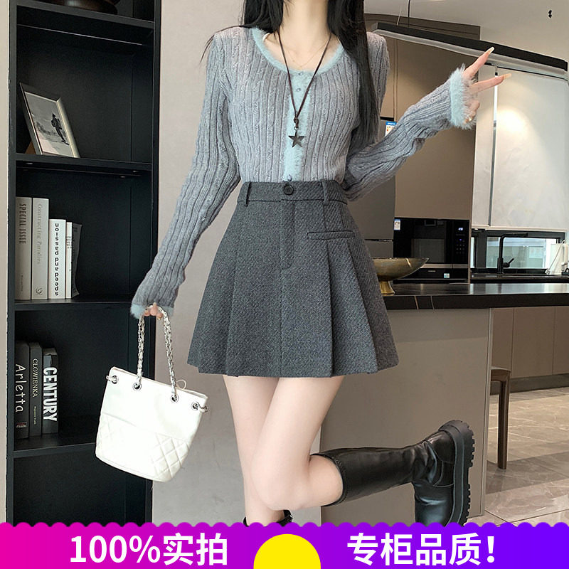 秋冬毛呢高腰显瘦百褶A字短裙
