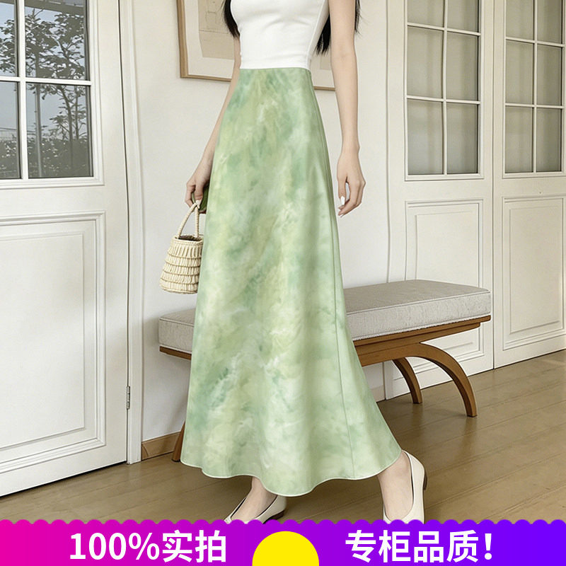 法式绿色碎花高腰a字半身裙女2026夏季清新百搭显瘦A字长裙子