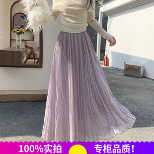 雪纺烫钻百褶半身裙女2026春夏新款高腰显瘦a字大摆裙子垂感伞裙