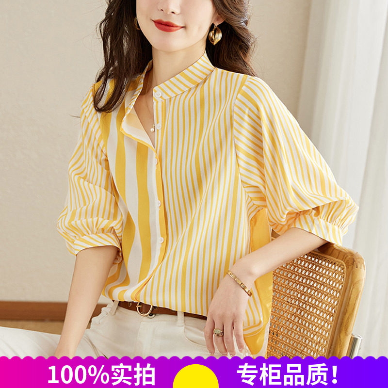 黄色条纹衬衫女七分袖夏装2026新款洋气衬衣女人味宽松设计感上衣