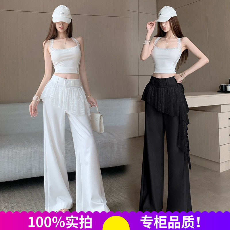 韩系网纱拼接假两件提花休闲裤