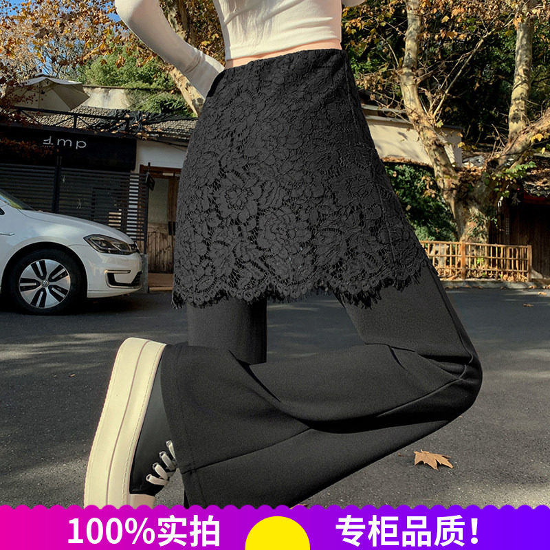 春秋高腰蕾丝拼接西装微喇长裤