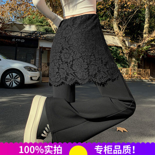 蕾丝拼接西装微喇叭阔腿裤女春秋2026高腰时尚气质休闲拖地长裤潮