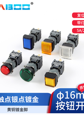 供应16MM带灯自复自锁按钮开关LED防水电源开关点动AH164-TL