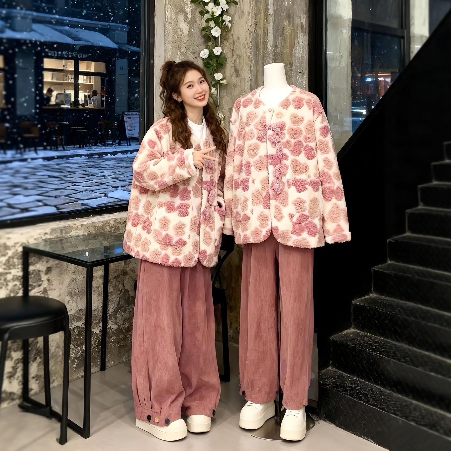 韩系冬装穿搭一整套大码粉色加厚羊羔毛外套搭阔腿裤子两件套装女