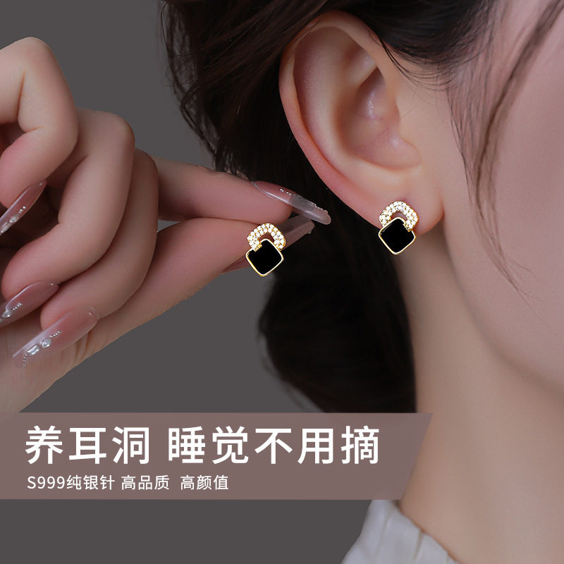 S999纯银针黑色几何耳钉女2耳钉