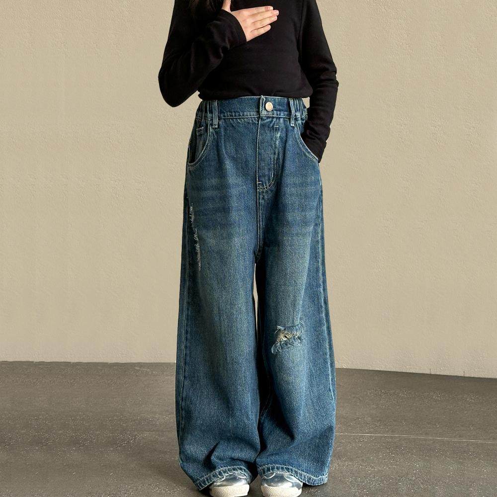 女童阔腿牛仔裤春秋2026新款儿童裤子秋装休闲中大童直筒破洞长裤