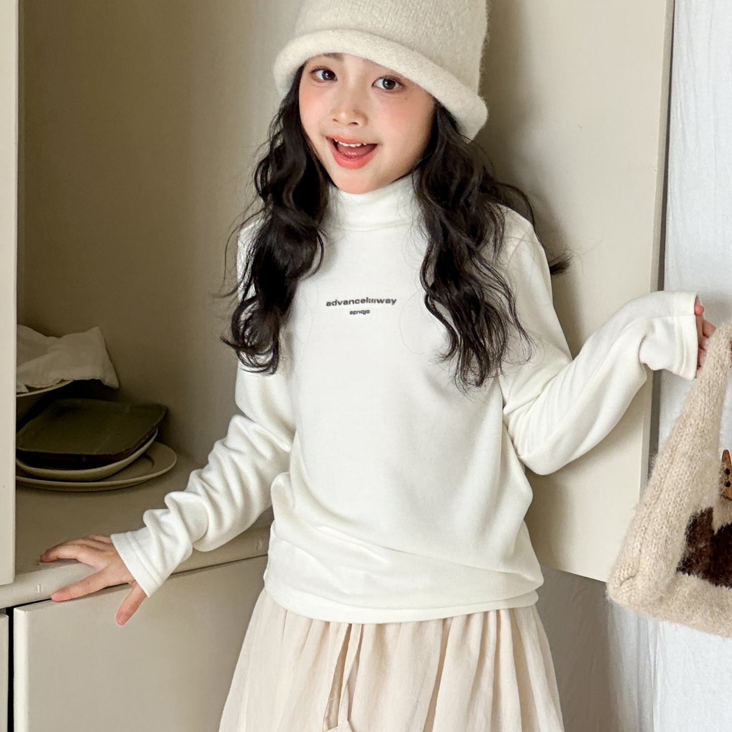 女童德绒打底衫秋冬装新款儿童白色衣服女大童半高领内搭保暖上衣