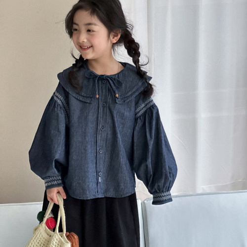 女童外套儿童牛仔衬衫春秋款2026秋装新款中大童上衣女孩洋气衬衣