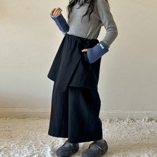 女童春装裤子新款初中生儿童假两件黑色宽松阔腿裤女大童春秋裙裤