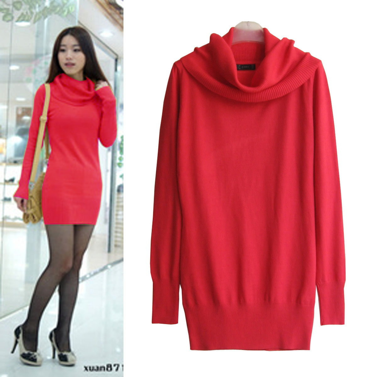 秋冬女修身洋气堆堆领套头中长款针织打底衫韩版高领大盆领打底衣