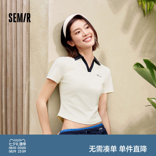 森马绣花修身正肩短款POLO衫女