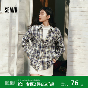 森马长袖 女春季 中长款 oversize翻领落肩格纹上衣女生复古衬衣 衬衫