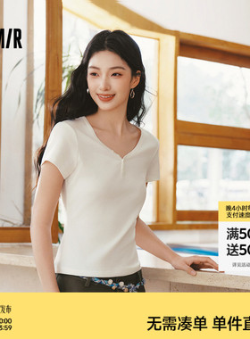 森马短袖T恤女夏季短款V领半开襟套头衫紧身纯色正肩2026新款上衣