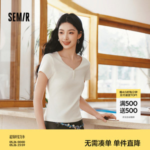 森马V领半开襟正肩短款短袖T恤女