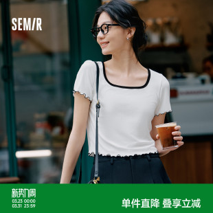 夏季 森马短袖 方圆领内搭薄款 显瘦打底衫 上衣甜美木耳边 T恤女修身