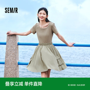 森马连衣裙女假两件盐系潮流百搭2024新款 短裙小个子 夏季 方领修身