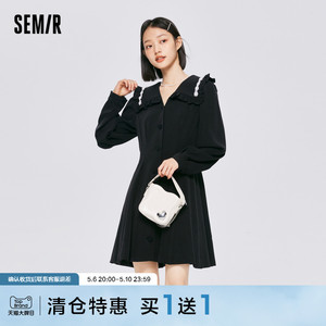 森马连衣裙女大翻领收腰裙子气质2022秋季新款优雅女士小黑裙百搭