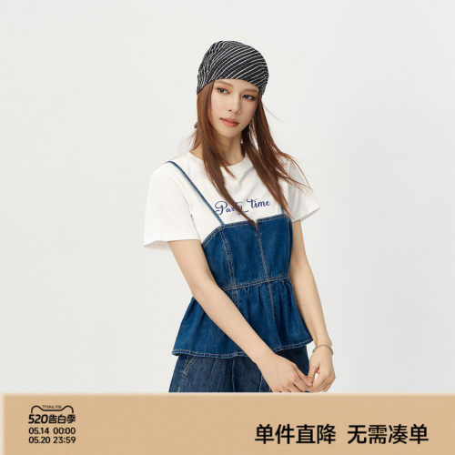 森马字母T恤镂空牛仔吊带套装女