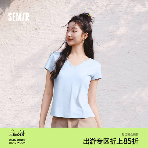 森马棉麻纯色正肩短款短袖T恤女
