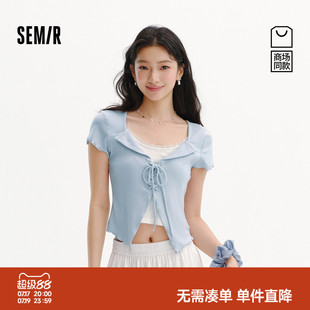 商场同款|森马短袖T恤女夏短款绑带紧身假两件2026新款设计感上衣