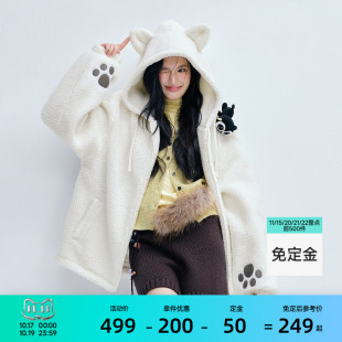 森马罗小黑夹克男秋冬可爱萌感猫耳连帽外套2026新款情侣毛绒上衣