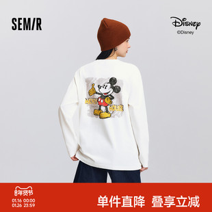 森马迪士尼合作系列长袖T恤女春季中长款米奇宽松落肩复古风上衣