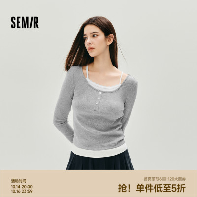森马假两件蕾丝短款长袖T恤女