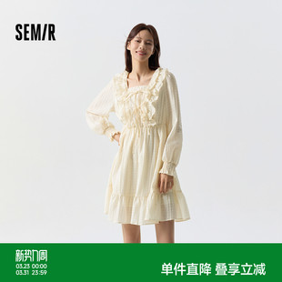 森马连衣裙女荷叶边蝴蝶结浪漫2024春季 甜美方领肌理裙子温柔 新款