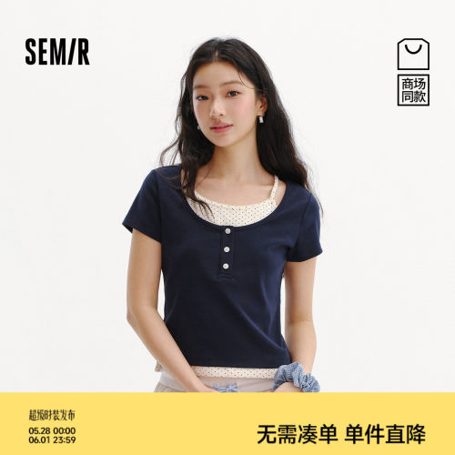 森马波点假两件短款短袖T恤女