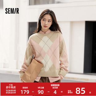 慵懒学院风毛衫 森柔 森马毛衣女冬菱形格撞色落肩圆领宽松套头衫