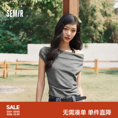 森马荡领挂脖假两件短款T恤女
