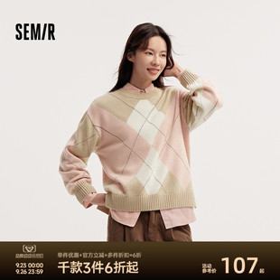 慵懶學院風毛衫 森馬毛衣女冬菱形格撞色落肩圓領寬松套頭衫 森柔