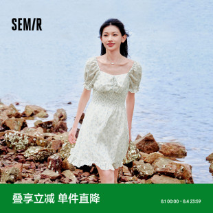 新款 森马连衣裙女荷叶边雪纺短裙2024夏季 方领收腰肌理碎花裙浪漫
