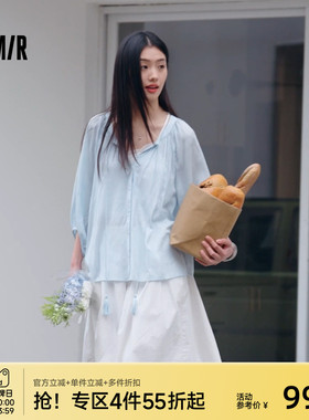 森马衬衫女夏季七分灯笼袖A字oversize肌理流苏2026新款文艺衬衣