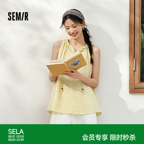 森马复古波点木耳边无袖衬衫女