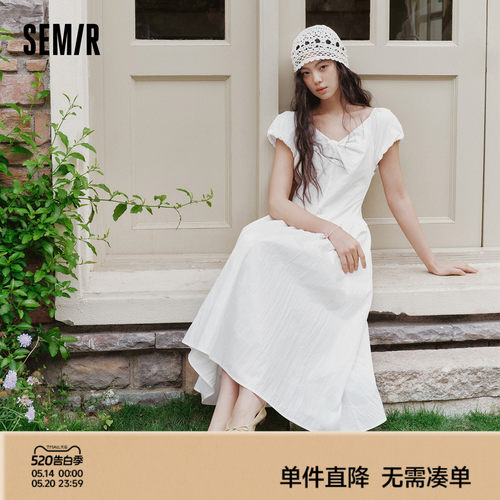 森马泡泡袖扭结收腰A字连衣裙女