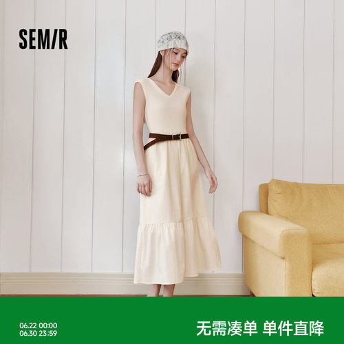 森马V领荷叶边腰带背心连衣裙女