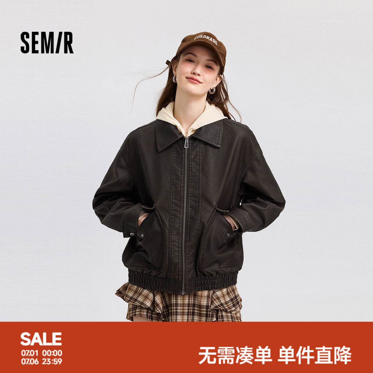 森马宽松翻领PU仿皮夹棉外套女