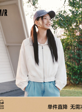 森马外套女春短款白色宽松明线衣服2026新款小个子酷飒风百搭夹克