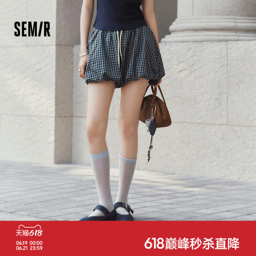 森马复古宽松格子花苞休闲裤女