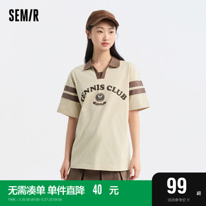 森马POLO衫女中长款纯棉字母印花时尚2024夏季新款宽松衣服学院风