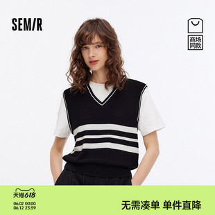 [商场同款]森马毛衣女短款假两件时尚2025秋新款条纹短袖毛衫气质