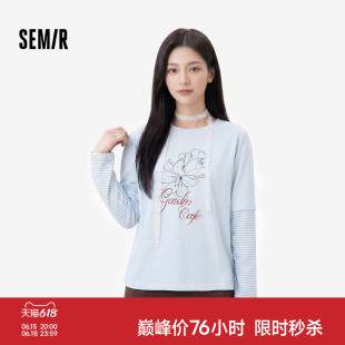 森马长袖T恤女秋季oversize条纹假两件印花落肩个性潮流时尚上衣
