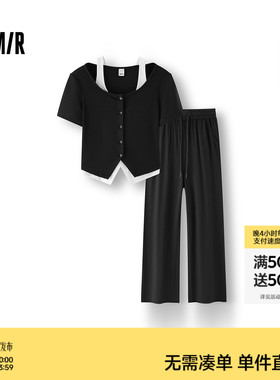 [商场同款]森马套装女假两件短上衣直筒长裤2025秋新款黑色两件套