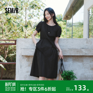 森马连衣裙女夏不规则拼接木耳边泡泡袖 收腰优雅气质设计感中长裙