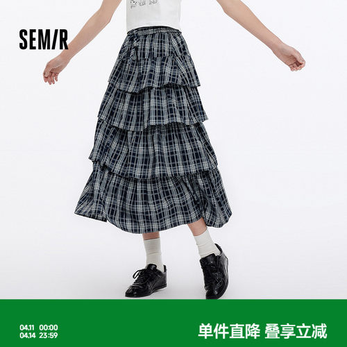 森马复古A字格纹蛋糕半身裙女