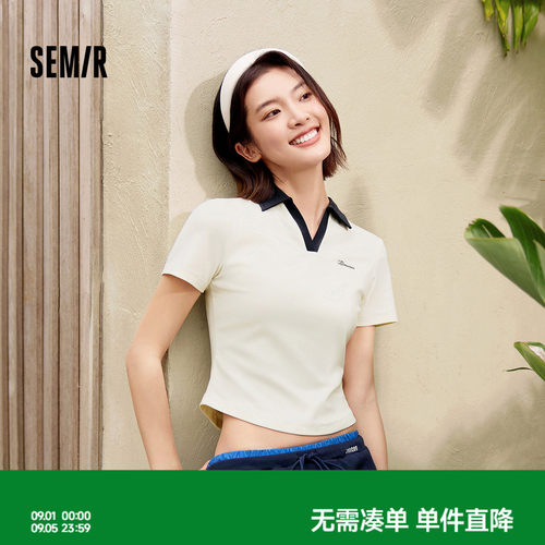 森马绣花修身正肩短款POLO衫女